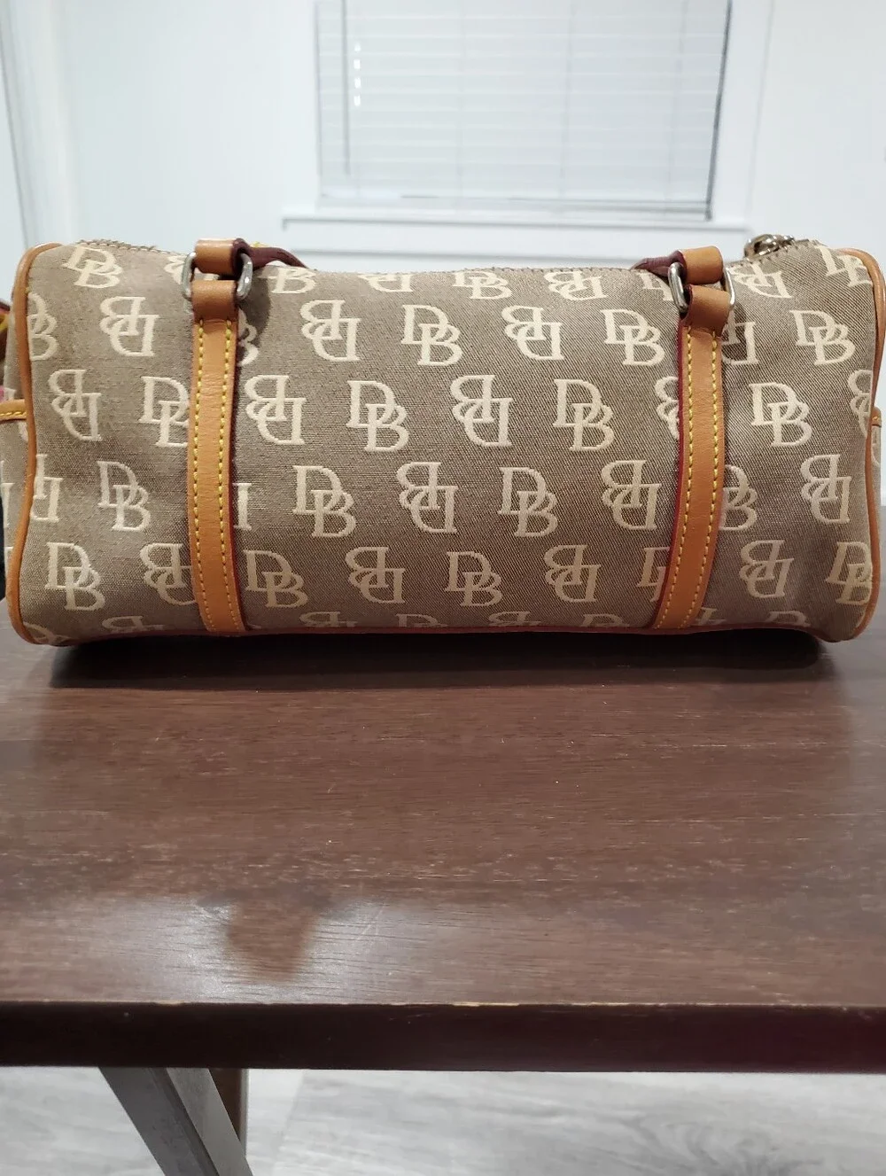 Dooney & Bourke Tan Logo Canvas Duffel with Leather Trim